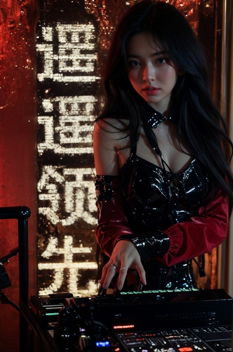  A sultry and energetic female DJ commands attention in a vibrant red dress, captivating the audience with her gaze, as electrifying neon lights surround the lively crowd, creating an atmosphere of excitement and rhythm., tutututu