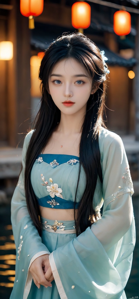  1girl,(((face focus))), sole_female,standing,daxiushan,daxiushan style,hanfu,
((upper_body:0.7)),full breasts, (((larger breasts:1.2))),long hair,blue eyes,Pastel lips, pupil,earrings,jewelry,(perfect face), shiny skin, 
(china jiangnan water town style),water, wet, 
masterpiece, best quality,depth of field, cinematic composition, best lighting,light master,RAW photo, dslr, film grain, Fujifilm XT3, night shot,