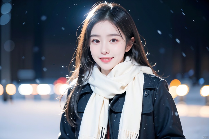  1girl,(snow:1.2),(snowing:1.2),snow,solo,scarf,long hair,smile,brown hair,bokeh,realistic,coat,blurry,