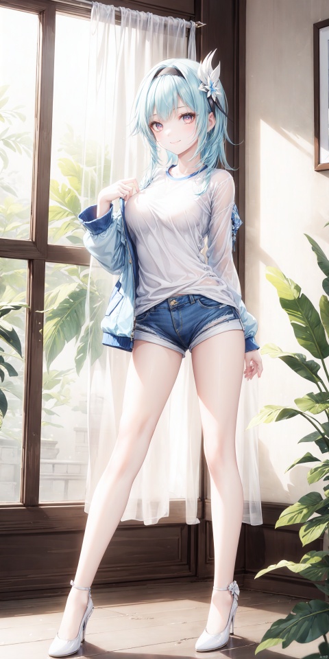  ——window,indoors,plant, curtains
——White T-shirt,White half sleeve,Jacket,White Clothes,White shorts,Short shorts,High Heels,
——Close shot, front view,
——Medium breast, Beautiful Legs
——smile
——Standing posture
——shuijingxie
—— masterpiece, best quality,1girl,eula \(genshin impact\),hairband,blue hair,multicolored eyes, Sexy micro denim shorts,