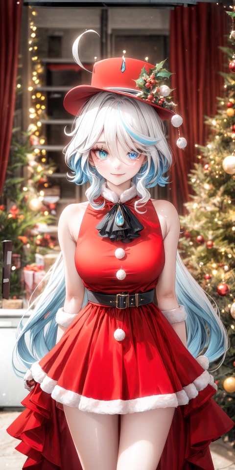  ——Christmas, Christmastree, Christmas tree, 
——Close shot,front view,
——Red Christmas dress, Christmas dress,Miniskirt ,Skirt
——
——Medium breast,Beautiful Legs
——
——highres, 1girl, furina, heterochromia, blue hat, tears in eyes, smile