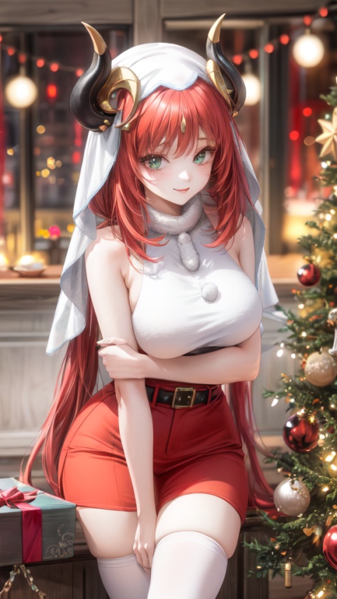 ——Christmas, Christmastree, Christmas tree, Gift box
——front, front_view,Upper Body
——Red Christmas dress, Santa'ssuit, Christmas dress, Red Miniskirt, Black leggings
—— Sitting posture［］
——Big eyes,thighhighs, Leggy beauty, Long Legs, Beautiful Legs, Moderate breast, 
——smile
——masterpiece, best quality, horns, red hair, long hair, twintails, veil, Green Eyes, nilou \(genshin impact\),1girl,red hair,long hair