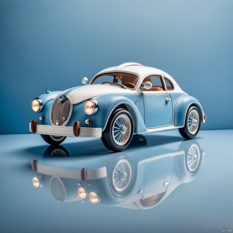 creative and visually appealing image of a small car handcrafted from leather, featuring a unique design with light blue and white colors. The car has a charming, miniature appearance, with a sleek and modern silhouette. The leatherwork is intricate and detailed, showcasing fine stitching and a beautiful contrast between the soft light blue and pristine white leather. Details like the headlights, wheels, and interior are thoughtfully crafted, reflecting the precision and artistry involved in the leatherwork. The car is presented on a clean, subtle background, emphasizing its artistic design and the skilled craftsmanship that went into creating this distinctive, two-tone leather piece, perfect as an innovative decoration or a collector's item.
