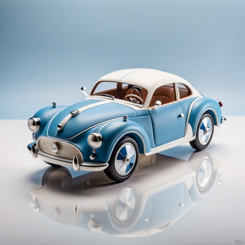 creative and visually appealing image of a small car handcrafted from leather, featuring a unique design with light blue and white colors. The car has a charming, miniature appearance, with a sleek and modern silhouette. The leatherwork is intricate and detailed, showcasing fine stitching and a beautiful contrast between the soft light blue and pristine white leather. Details like the headlights, wheels, and interior are thoughtfully crafted, reflecting the precision and artistry involved in the leatherwork. The car is presented on a clean, subtle background, emphasizing its artistic design and the skilled craftsmanship that went into creating this distinctive, two-tone leather piece, perfect as an innovative decoration or a collector's item.