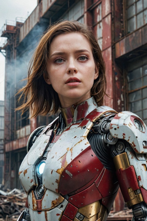 RAW, Masterpiece, Ultra Fine Photo, Best Quality, Ultra High Resolution, Photorealistic, Sunlight, Full Body Portrait, Stunningly Beautiful, Dynamic Poses, Delicate Face, Vibrant Eyes, (Side View) , she is wearing a futuristic Iron Man mech, red and gold color scheme, highly detailed abandoned warehouse background, detailed face, detailed and complex busy background, messy, gorgeous, milky white, high detailed skin, realistic skin details, visible pores , sharp focus, volumetric fog, 8k uhd, high quality, film grain, fair skin, photorealism, lomography, sprawling metropolis in futuristic dystopia, view from below, translucent