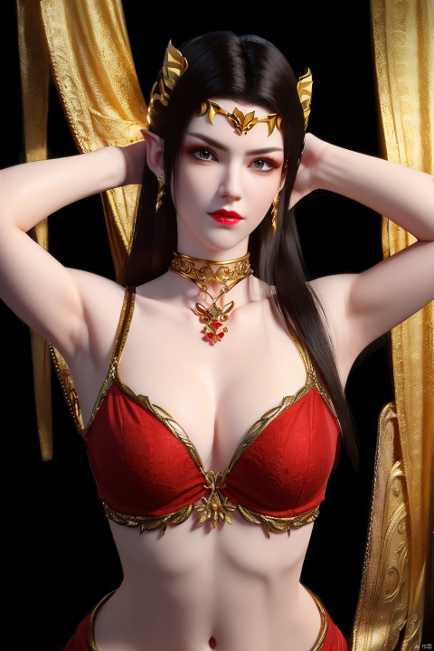 (8k, RAW photo, best quality, masterpiece:1.2), ,ultra-detailed, ,(extremely delicate and beautiful),hair ornament1girl, solo, jewelry, pointy ears, long hair, clothing cutout, earrings, , dress, breasts, arms up, red dress, brown hair, looking at viewer,, navel, black hair,1girl, solo, pointy ears, jewelry, long hair, earrings, breasts, clothing cutout,, navel, brown hair, looking at viewer, black hair, upper body,Black silk bra,Black silk , 1girl,portrait,,solo,earrings,jewelry,,huge breast,,collarbone,,upper body,red lips,(white skin),,((( jewelry,,kneeling,skin glory,hair ornament,Black silk ))),arm behind back,looking at viewer, , mds