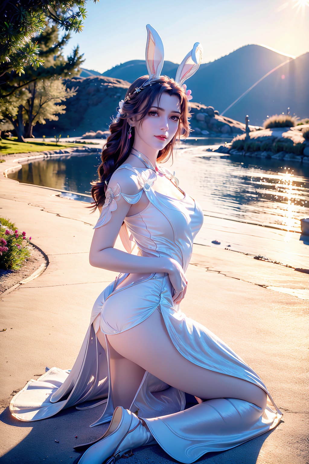  (8k, RAW photo, best quality, masterpiece:1.2),
(extremely delicate and beautiful),
naked,1girl,portrait,long dress,,solo,earring,closed mouth,huge breast,smile,collarbone,red lips,(white skin),outdoors,detached sleeves,perfect hand,hs,(fantastic scenery, Rainbow,(((kneeling,rabbit ears,white underdress))),arm behind back,looking at viewer, , mds,mds_y