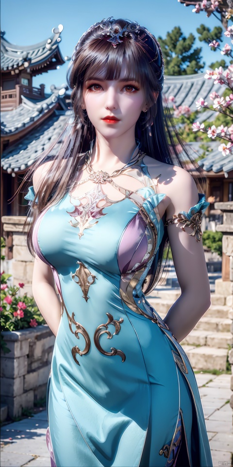  tyqp, 1girl, solo, jewelry, earrings, dress, long hair, blurry, floral print, blurry background, sleeveless, brown eyes, looking at viewer, red lips, brown hair, outdoors, black hair, arms at sides, sleeveless dress, breasts, china dress, chinese clothes, print dress, lips, white dress, upper body, xiqing,yuzu