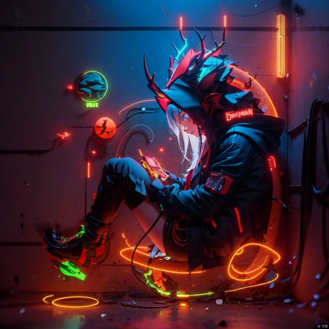  1girl, solo,(dragon),dragon around the girl, (NEON),long hair, looking at viewer, bangs, blue eyes, hair ornament, long sleeves, hair between eyes, sitting, jacket, braid, white hair, parted lips, horns, shorts, hairclip, outdoors, hood, from side, black jacket, looking to the side, feet out of frame, red theme, dragon, antlers, monitor, eastern dragon, neonrgbstyle,neon, (\long yun heng tong\)