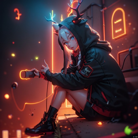  1girl, solo,(dragon),dragon around the girl, (NEON),long hair, looking at viewer, bangs, blue eyes, hair ornament, long sleeves, hair between eyes, sitting, jacket, braid, white hair, parted lips, horns, shorts, hairclip, outdoors, hood, looking to the side, feet out of frame, red theme, dragon, antlers, monitor, eastern dragon, neonrgbstyle,neon, (\long yun heng tong\)