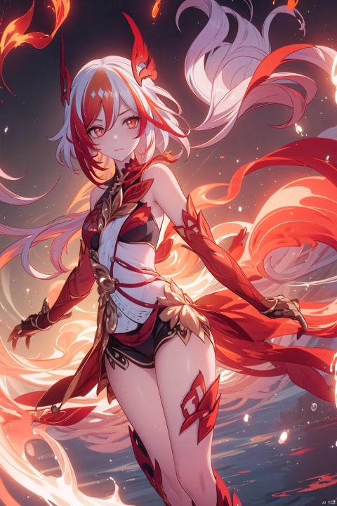 {masterpiece), (best quality), {highresy} solo, fuhua, 1girl, long hair, multicolored hair, red eyes, streaked hair, bangs, white hair, fire wings, skirt,, beautiful detailed eyes, beautiful detailed glow, detailed flame, beautiful detailed fire, long hair,fire,burning,spark,Burning Hair,fully body,((Fire fist)),shadowboxing,
serious,((fighting,dynamic angle)), fire,burning, messy hair,orange theme, masterpiece, bare shoulders,gauntlets, mechanical parts
