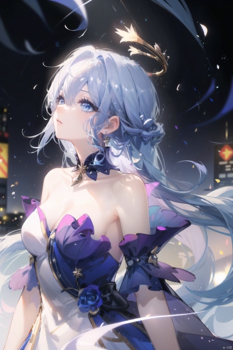  (masterpiece, top quality, best quality, , beautiful and aesthetic:1.2),A girl singing,looking up,Look to the sky,solo, robinSR, bangs, blue eyes, dress,bow, hair between eyes, bare shoulders, jewelry, medium breasts, blue hair, earrings, wings, strapless, halo, hair intakes, head wings, strapless dress,,,Glowing feathers floating in the air,Surrounded by notes,,(city night),(((glowing light particles))),glow, backlight