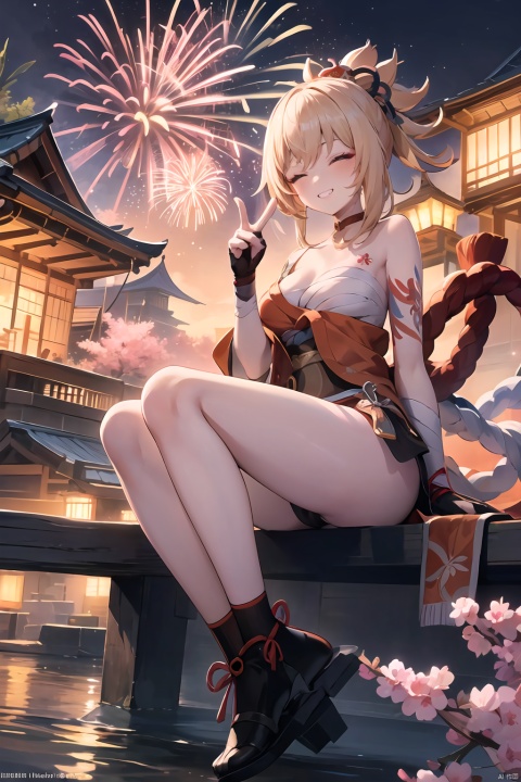 (masterpiece, top quality, best quality, official art, beautiful and aesthetic:1.2), 1girl, yoimiya \(genshin impact\), officialclothes,（Leg nails, clogs, black socks）
 ((fireworks,late at night)),
indian_style sitting,peace sign,grin,eyes_closed,
cherry blossoms , east asian architecture,cinematic angle