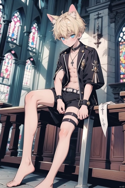  1boy,(18 year old),yellow_hair,cat ears, bare legs,bare_feet,young_human,happiness!,code_geass,home, 1male,slim,sitting on railing,g-string,gothic,scar,冷白皮,饰品,thigh strap,,ankle cuffs,church