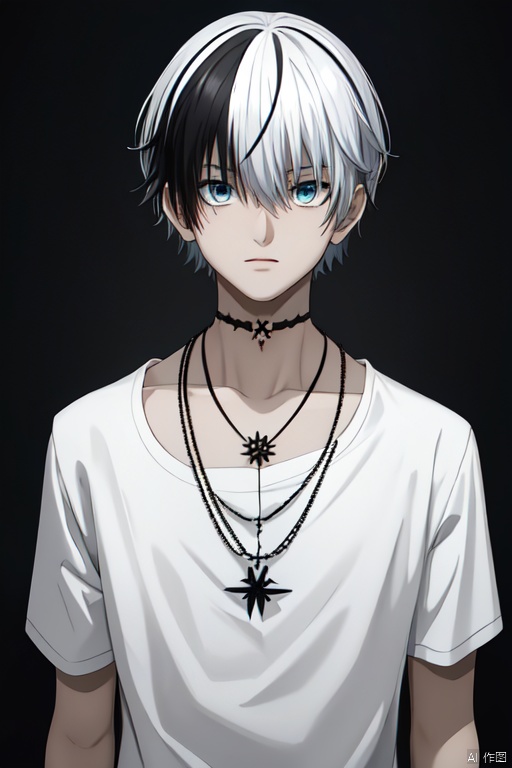  masterpiece, best quality, high quality, , shinoyama_polka, 1boy, solo, male focus, upper body, looking at viewer, shirt, two-tone hair, white hair, black hair, jewelry, white_shirt, necklace, scar
