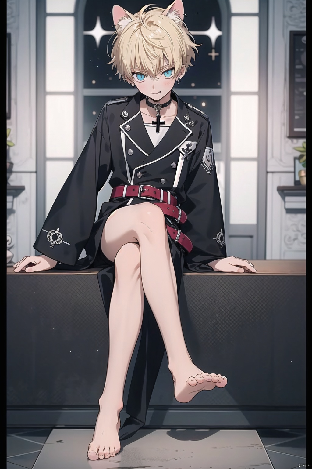  1boy,(18 year old),yellow_hair,cat ears, bare legs,bare_feet,young_human,happiness!,code_geass,home, 1male,slim,sitting onrailing,belt collar,g-string,gothic,scar,cross choker,冷白皮,tongue piercing,饰品