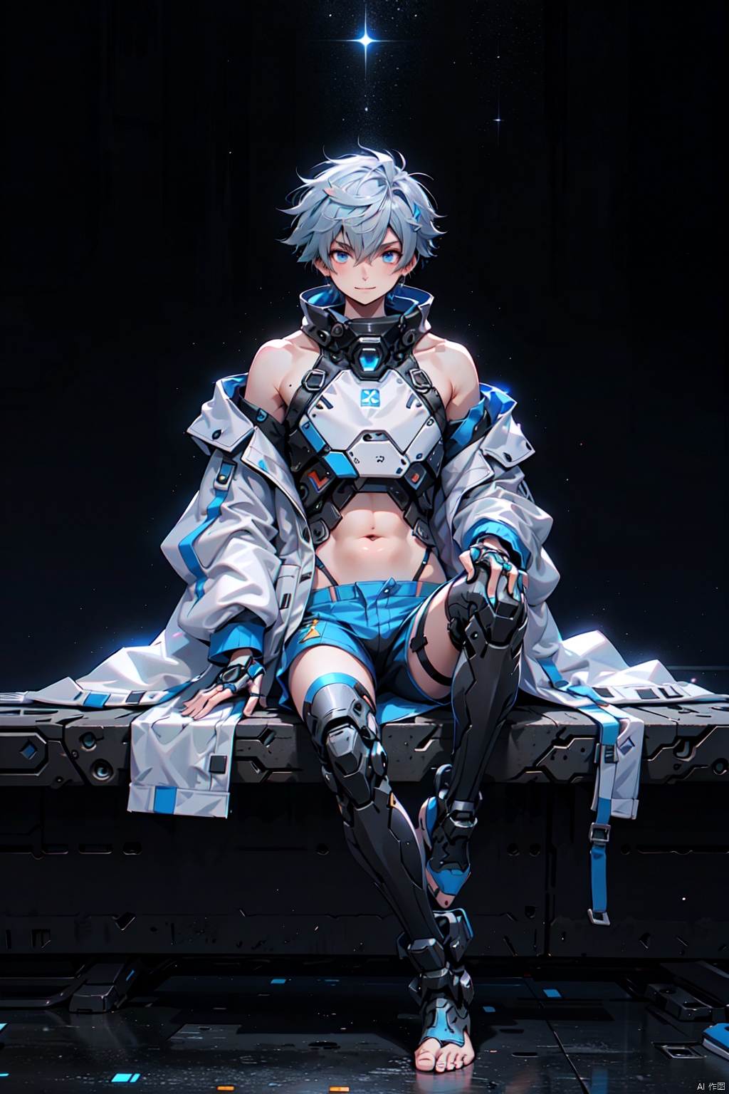  (1boy). Blue hair, white and black Hanfu, futuristic robe,solo, looking at viewer,shota, hair between eyes, closed mouth,blue_eyes,jacket,male focus, white jacket,science fiction, Arso, machinery,sitting,((bare_shoulders)),((bare_feet)),starry sky,cybertron
,smile, Cyberpunk Concept,Aso,navel_cutout,male_only,shorts,city,breastplate