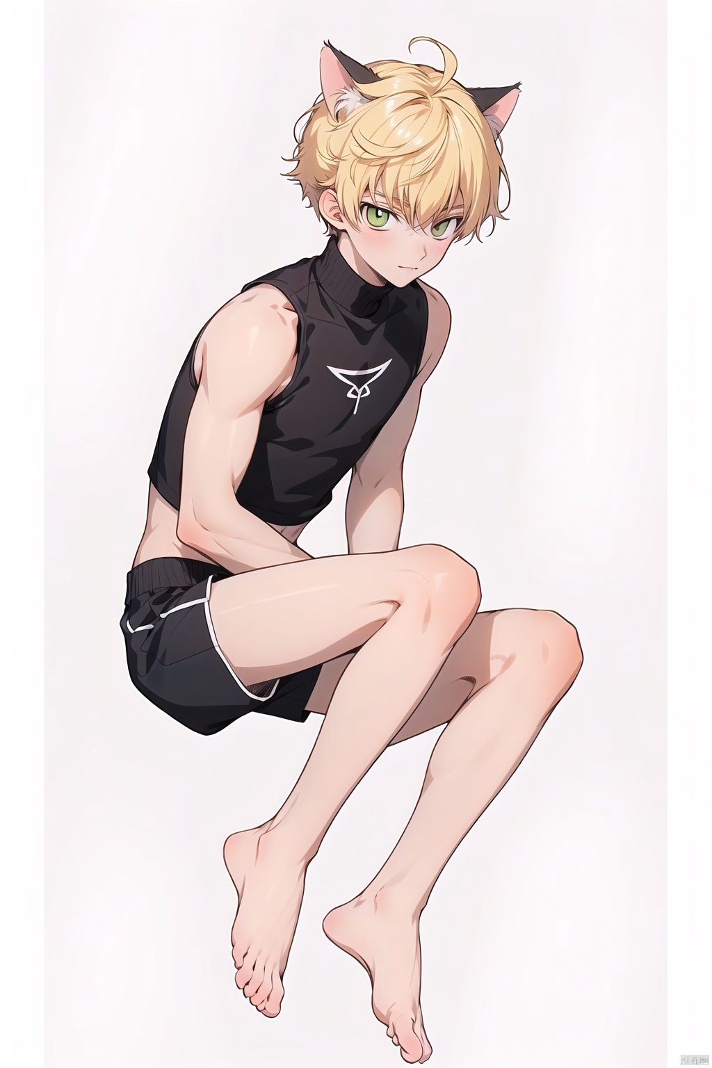  1boy,16 year old,yellow_hair,sleeveless turtleneck crop top,cat ears, bare legs,bare_feet,young_human,happiness!,code_geass,home, 1male,slim,simple background,