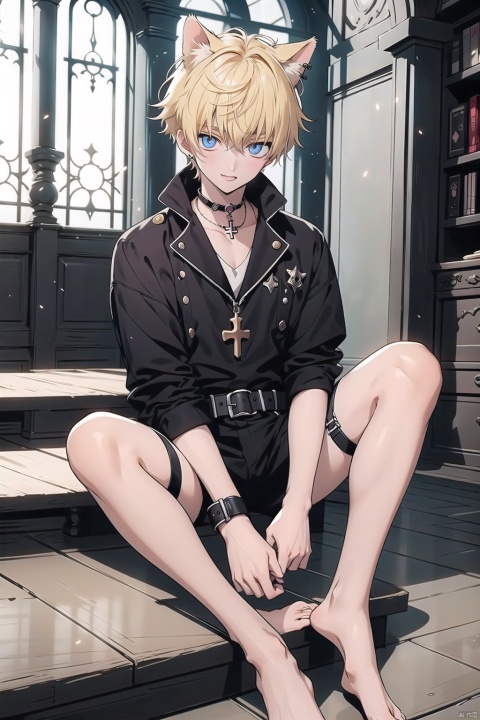  1boy,(18 year old),yellow_hair,cat ears, bare legs,bare_feet,young_human,happiness!,code_geass,home, 1male,slim,sitting onrailing,belt collar,g-string,gothic,scar,cross choker,冷白皮,tongue piercing,饰品,thighlet strap
