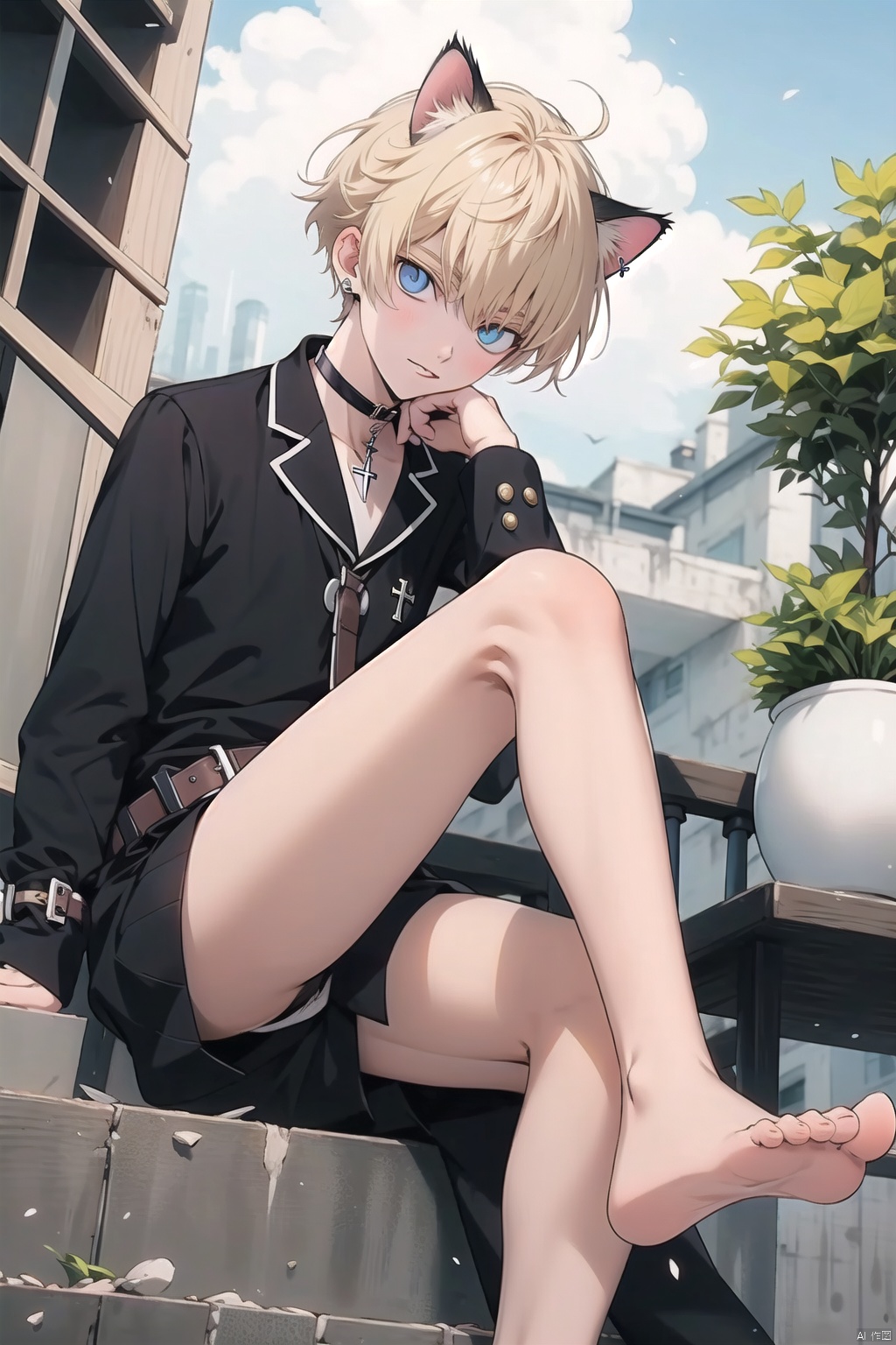  1boy,(18 year old),yellow_hair,cat ears, bare legs,bare_feet,young_human,happiness!,code_geass,home, 1male,slim,sitting onrailing,belt collar,g-string,gothic,scar,cross choker,冷白皮,tongue piercing,饰品