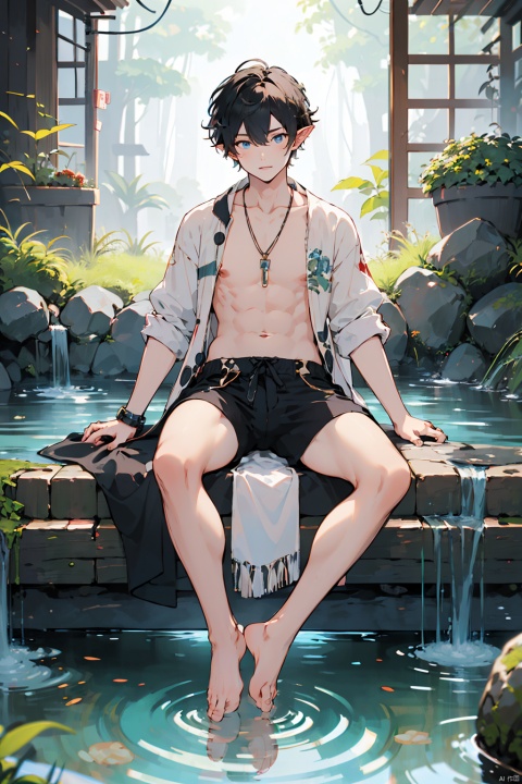  A handsome boy,masterpiece, bestquality, officialart, blue_eyes, full_body, bare_feet, bare_legs,  (full-bodyshot, fullbody:1.3),
elf, forest, onsen, jitome,  messy hair,,