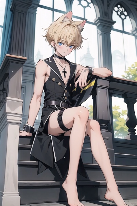  1boy,(18 year old),yellow_hair,cat ears, bare legs,bare_feet,young_human,happiness!,code_geass,home, 1male,slim,sitting onrailing,belt collar,g-string,gothic,scar,cross choker,冷白皮,tongue piercing,饰品,thighlet strap