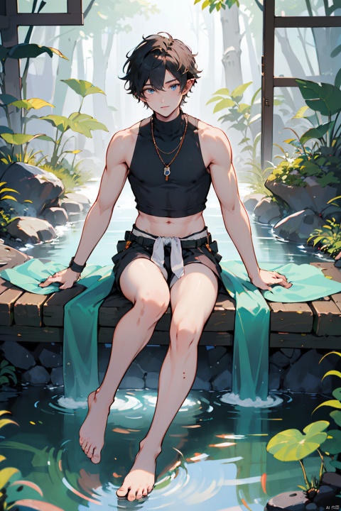  A handsome boy,masterpiece, bestquality, officialart, blue_eyes, full_body, bare_feet, bare_legs,, (full-bodyshot, fullbody:1.3),sleeveless turtleneck crop top
, elf, forest, onsen,, messy hair,,