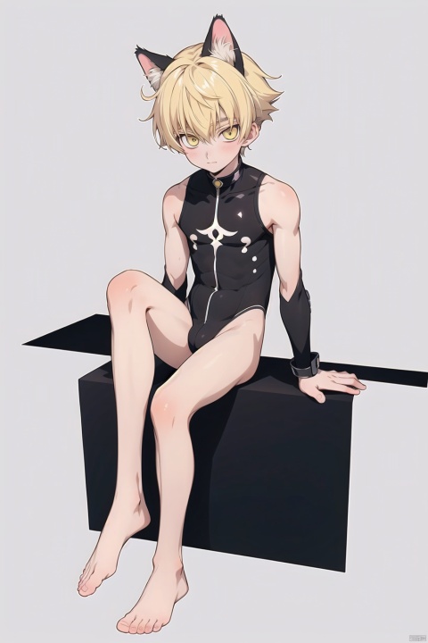  1boy,16 year old,yellow_hair,sleeveless bodysuit,cat ears, bare legs,bare_feet,young_human,happiness!,code_geass,home, 1male,slim,simple background,