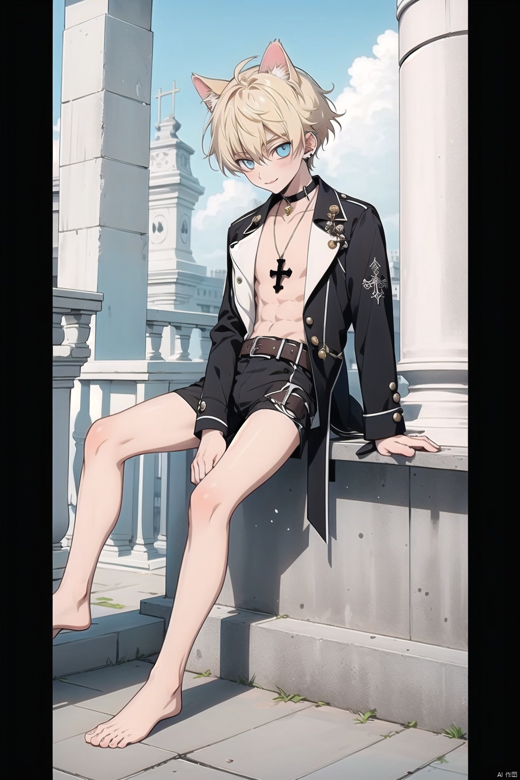  1boy,(18 year old),yellow_hair,cat ears, bare legs,bare_feet,young_human,happiness!,code_geass,home, 1male,slim,sitting onrailing,belt collar,g-string,gothic,scar,cross choker,袜夹,冷白皮,tongue piercing,饰品