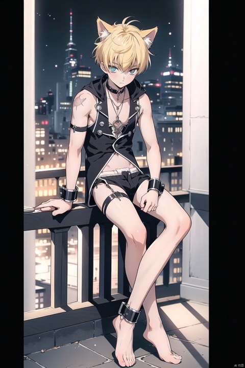  1boy,(18 year old),yellow_hair,cat ears, bare legs,bare_feet,young_human,happiness!,code_geass,home, 1male,slim,sitting on railing,g-string,gothic,scar,冷白皮,饰品,thigh strap,,ankle cuffs