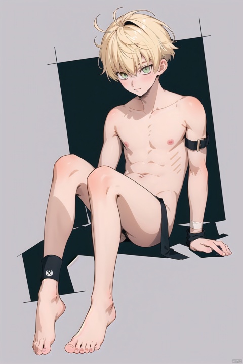  1boy,16 year old,yellow_hair,naked bandage,cat ears, bare legs,bare_feet,young_human,happiness!,code_geass,home, 1male,slim,simple background,
