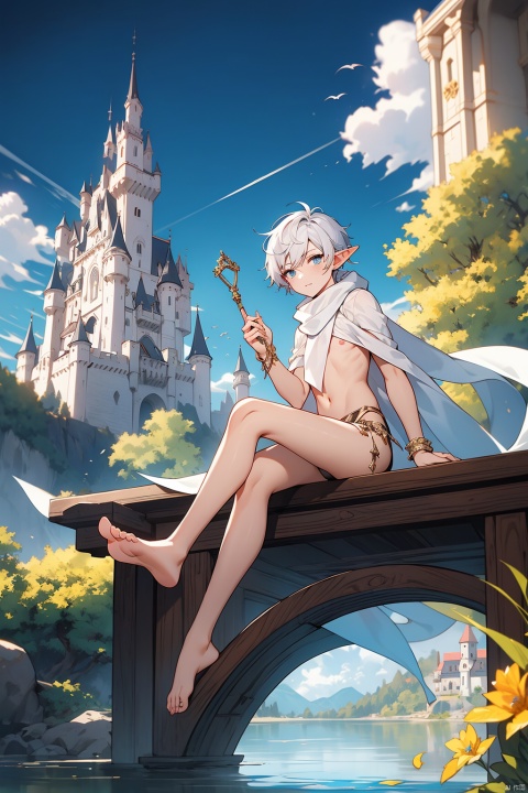  (1boy),(shota),12 year oldboy,GenderMale,sitting,
malefocus,shorthair,masterpiece,bestquality,officialart,((magic)),elf,loincloth_aside,bodyjewelry,blue_eyes,full_body,wind,(bare_legs),,midjourney,,无背景,简单背景,((bare_feet)),White scarf, Expose theankle,剑与魔法,魔幻,manor,lakes,castle,rags,Broken clothes