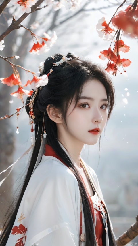  daxiushan, daxiushan style, hanfu,red,red lipstick,simple_black_background, black and gloden theme, Sense of coordination, sense of order, mathematics beauty, (((cover design))),(((((cover art))))),((trim)), official art, girl, solo, chess_girl, perfect_detail_girl, pretty, white hair, long hair, head flower,(delicate and beautiful eyes), looking at viewer, cute face, pretty face, blue_eyes, white skin, white body, navel, perfect body, body art, standing on, beautiful pose, crystal_art, huge_black_crystal, blooming_effect, whit_magic_circle_behind_girl, White petal, perfecteyes,hanfu,