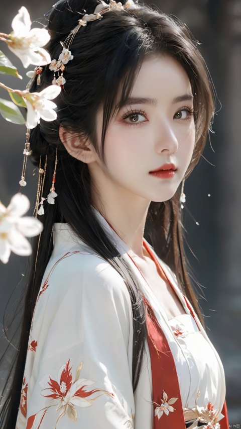  daxiushan, daxiushan style, hanfu,red,red lipstick,simple_black_background, black and gloden theme, Sense of coordination, sense of order, mathematics beauty, (((cover design))),(((((cover art))))),((trim)), official art, girl, solo, chess_girl, perfect_detail_girl, pretty, white hair, long hair, head flower,(delicate and beautiful eyes), looking at viewer, cute face, pretty face, blue_eyes, white skin, white body, navel, perfect body, body art, standing on, beautiful pose, crystal_art, huge_black_crystal, blooming_effect, whit_magic_circle_behind_girl, White petal, perfecteyes,hanfu,