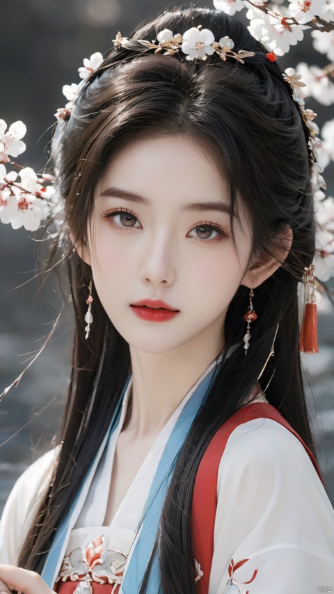  daxiushan, daxiushan style, hanfu,red,red lipstick,simple_black_background, black and gloden theme, Sense of coordination, sense of order, mathematics beauty, (((cover design))),(((((cover art))))),((trim)), official art, girl, solo, chess_girl, perfect_detail_girl, pretty, white hair, long hair, head flower,(delicate and beautiful eyes), looking at viewer, cute face, pretty face, blue_eyes, white skin, white body, navel, perfect body, body art, standing on, beautiful pose, crystal_art, huge_black_crystal, blooming_effect, whit_magic_circle_behind_girl, White petal, perfecteyes,hanfu,