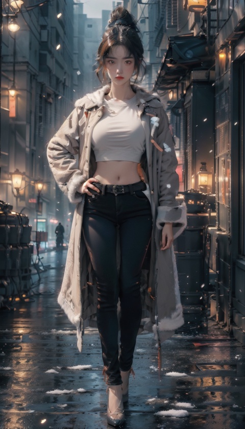 masterpiece,best quality,official art,extremely detailed CG unity 8k wallpaper,1girl,large breasts,bouncing breasts,slender,oval face,ponytail,ear_ornament,bright_pupils,sparkling eyes,pointed nose,light_blush,(very narrow hip width:1.3),shiny_skin,high_heels,fur_coat,taut_shirt,snow,exposure blend,full_shot,(ray tracing:1.1),bokeh,(hdr:1.4),high contrast,(cinematic, teal and orange:0.85),(muted colors, dim colors, soothing tones:1.3),mech
,1 girl