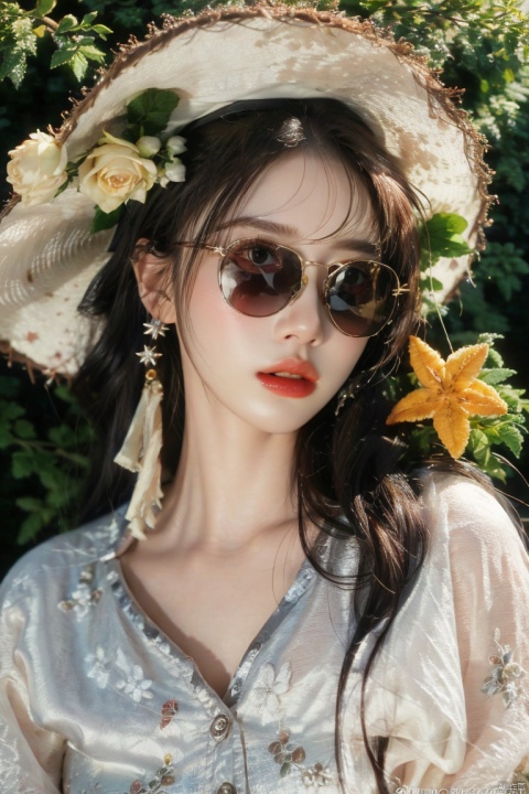  （absurdres, highres, ultra detailed, 1girl, solo, extremely detailed eyes, starfish, seashell, shell, flower, hat, hair ornament, jewelry, straw hat, looking at viewer, sunglasses, hat flower, drinking straw, hairclip, earrings, red flower, tinted eyewear, yellow flower, bangs, english text, multicolored hair, orange flower, black hair, ring, cup, long hair, orange-tinted eyewear, food, brown hair, portrait, shell hair ornament）,full body., ((poakl)), poakl ggll girl, Light master, linyuner