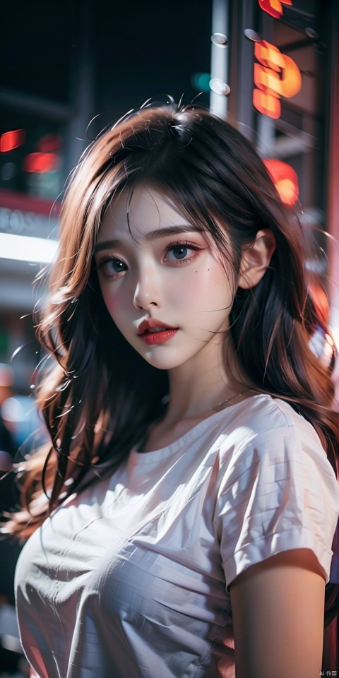  (best quality:1.3),(masterpiece:1.2),16k,Neon light background,Cyberpunk background,Cyberpunk,The lighting effect reflected by neon lights on the character's body,Neon lighting effect,1girl,blurry,blurry background,bokeh,depth of field,hood,lens flare,lips,lipstick,long hair,makeup,mole,multicolored hair,nose,open mouth,realistic,solo,teeth, aomei