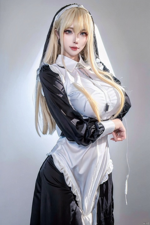  (masterpiece, best quality:1.4),finely detailed,1girl,solo,pale skin,perfect body,(giganticbreasts:1.2),standing,,killer,(cowboy_shot:1.2),black dress,blonde hair,cross necklace,dress,jewelry,killer,nun,pelviccurtain,veil,,pelvic curtain