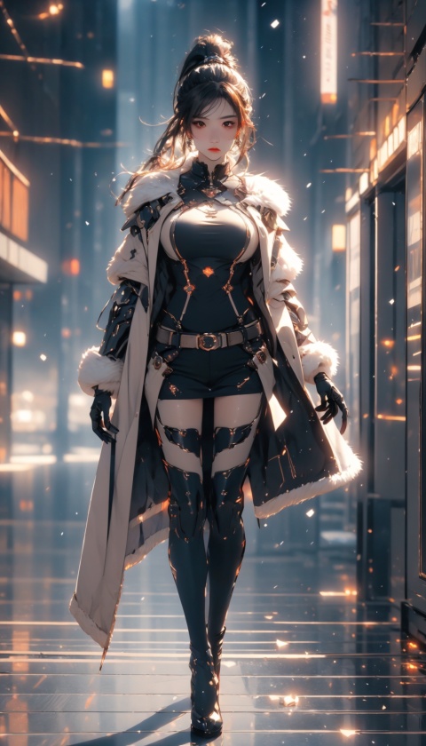masterpiece,best quality,official art,extremely detailed CG unity 8k wallpaper,1girl,large breasts,bouncing breasts,slender,oval face,ponytail,ear_ornament,bright_pupils,sparkling eyes,pointed nose,light_blush,(very narrow hip width:1.3),shiny_skin,high_heels,fur_coat,taut_shirt,snow,exposure blend,full_shot,(ray tracing:1.1),bokeh,(hdr:1.4),high contrast,(cinematic, teal and orange:0.85),(muted colors, dim colors, soothing tones:1.3),mech
,1 girl