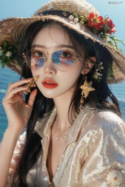  （absurdres, highres, ultra detailed, 1girl, solo, extremely detailed eyes, starfish, seashell, shell, flower, hat, hair ornament, jewelry, straw hat, looking at viewer, sunglasses, hat flower, drinking straw, hairclip, earrings, red flower, tinted eyewear, yellow flower, bangs, english text, multicolored hair, orange flower, black hair, ring, cup, long hair, orange-tinted eyewear, food, brown hair, portrait, shell hair ornament）,full body., ((poakl)), poakl ggll girl, Light master, linyuner