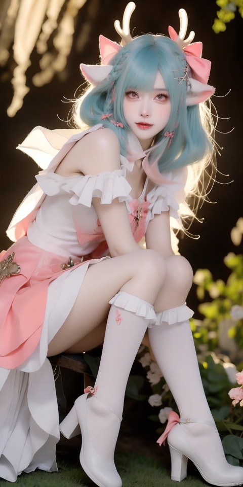  YAO,1girl,solo,bow,animal ears,braid,hair bow,blue hair,antlers,blurry background,wings,looking at viewer,pink bow,blurry,deer ears,hair ornament,multicolored hair,bangs,x hair ornament,dress,pink eyes,medium hair,red bow,outdoors,
white dress,cosplay,(sitting:1.3),
magical girl,heart,short hair,skirt,
flower,pantyhose,frills,key,high heels,
green hair,wrist cuffs,
jewelry,tree,
socks,frilled socks,kneehighs,white skirt,grass,shoes,high heels,, (raw photo:1.2),((photorealistic:1.4))best quality,masterpiece,illustration,an extremely delicate and beautiful,extremely detailed,CG,unity,8k wallpaper,Amazing,finely detail,masterpiece,best quality,official art,extremely detailed CG unity 8k wallpaper,absurdres,incredibly absurdres,huge filesize,ultra-detailed,highres,extremely detailed,beautiful detailed girl,cinematic lighting,1girl,pale skin,tall female,(perfect body shape),skinny body,Slender legs,, pale skin,tall man,long legs,thin leg, huliya
