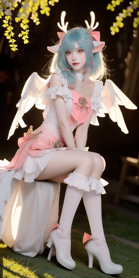  YAO,1girl,solo,bow,animal ears,braid,hair bow,blue hair,antlers,blurry background,wings,looking at viewer,pink bow,blurry,deer ears,hair ornament,multicolored hair,bangs,x hair ornament,dress,pink eyes,medium hair,red bow,outdoors,
white dress,cosplay,(sitting:1.3),
magical girl,heart,short hair,skirt,
flower,pantyhose,frills,key,high heels,
green hair,wrist cuffs,
jewelry,tree,
socks,frilled socks,kneehighs,white skirt,grass,shoes,high heels,, (raw photo:1.2),((photorealistic:1.4))best quality,masterpiece,illustration,an extremely delicate and beautiful,extremely detailed,CG,unity,8k wallpaper,Amazing,finely detail,masterpiece,best quality,official art,extremely detailed CG unity 8k wallpaper,absurdres,incredibly absurdres,huge filesize,ultra-detailed,highres,extremely detailed,beautiful detailed girl,cinematic lighting,1girl,pale skin,tall female,(perfect body shape),skinny body,Slender legs,, pale skin,tall man,long legs,thin leg, huliya