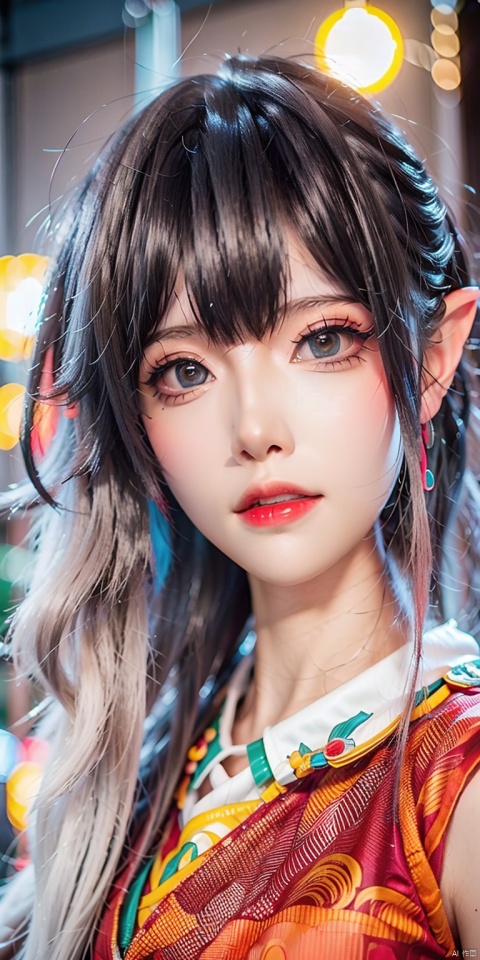  (best quality:1.3),(masterpiece:1.2),16k,Neon light background,Cyberpunk background,Cyberpunk,The lighting effect reflected by neon lights on the character's body,Neon lighting effect,1girl,blurry,blurry background,bokeh,depth of field,hood,lens flare,lips,lipstick,long hair,makeup,mole,multicolored hair,nose,open mouth,realistic,solo,teeth, aomei, yaya