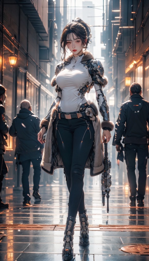 masterpiece,best quality,official art,extremely detailed CG unity 8k wallpaper,1girl,large breasts,bouncing breasts,slender,oval face,ponytail,ear_ornament,bright_pupils,sparkling eyes,pointed nose,light_blush,(very narrow hip width:1.3),shiny_skin,high_heels,fur_coat,taut_shirt,snow,exposure blend,full_shot,(ray tracing:1.1),bokeh,(hdr:1.4),high contrast,(cinematic, teal and orange:0.85),(muted colors, dim colors, soothing tones:1.3),mech

