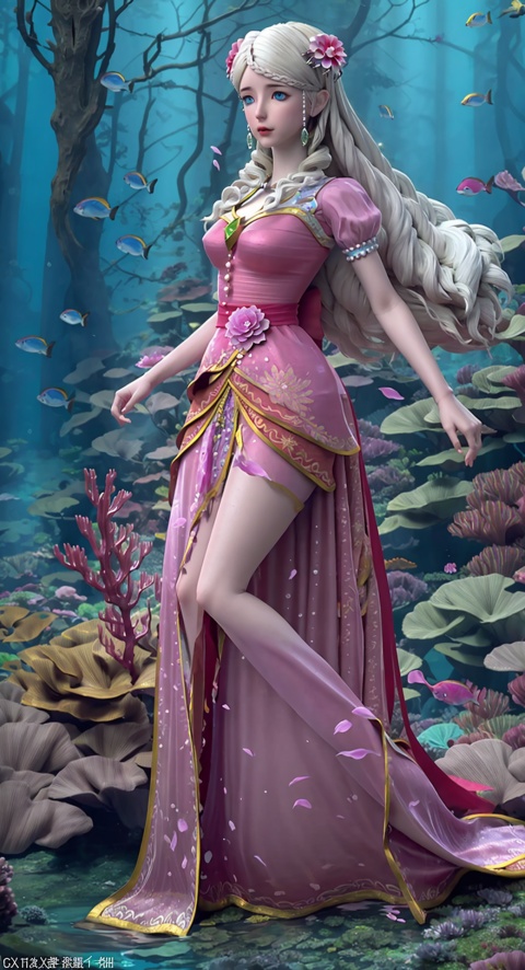  ,1girl,solo,dress,Blue dress,long hair,white hair,blue eyes,jewelry,earrings,(full body:1.5),masterpiece,(best quality),official art,extremely detailed cg 8k wallpaper,((crystalstexture skin)),(extremely delicate and beautiful),highly detailed,petals,petals_on_liquid,cherry_blossoms,hair_ornament,flower,rose_petals,day,looking_at_viewer,(((underwater))),