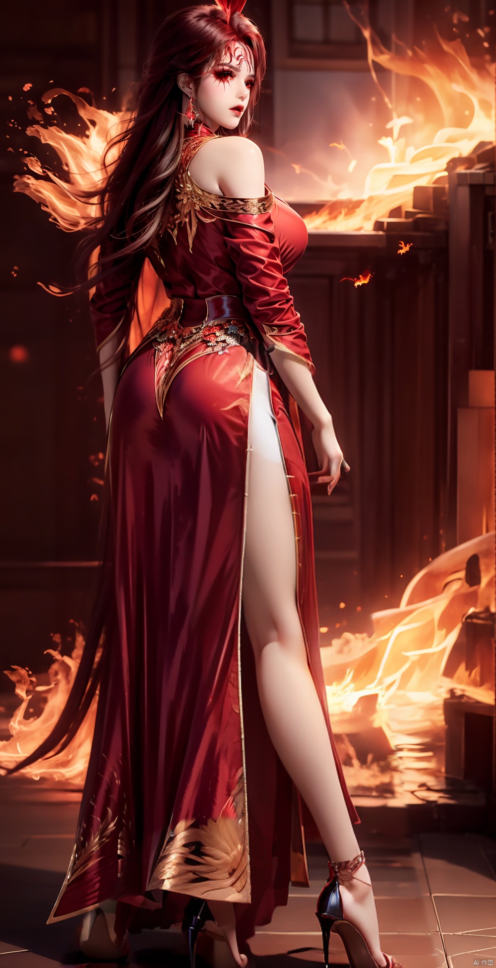  red hair,phoenix wings,fiery wings,fiery background,flame,1girl, solo, long hair, red dress, long legs, high heels, exquisite and gorgeous clothes, charming smile,conservative conservative conservative clothes, jmai,