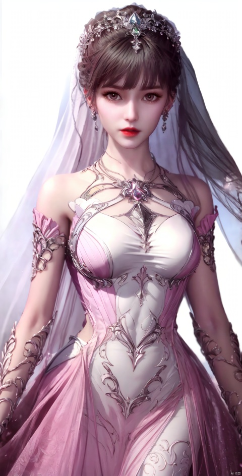 双胞胎twins,white theme, colorful blooming flowers, forming a dreamlike world, flower garden, flowers everywhere, greens, pinks, , cinematic, hunsha, 1girl, veil, solo, jewelry, bridal veil, black hair, realistic, earrings, necklace, bride, looking at viewer, red lips,(full_body),,,,huolinger