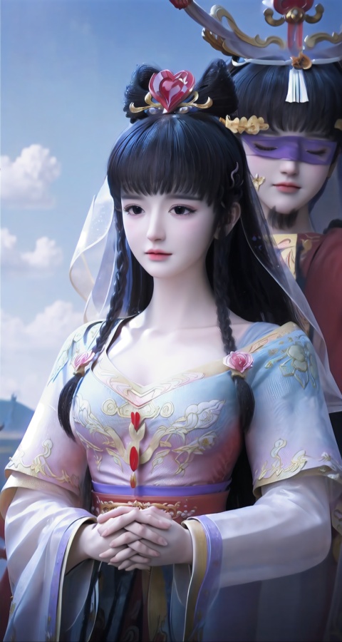 (Masterpiece, best quality: 1.4), Wearing a purple veil,absurd, high-resolution, ultra detailed,Girl, (next to a Han Dynasty general, handsome, holding hands), blue sky, peach blossoms, flowers, clouds (extremely high picture quality, exquisite, 8k HD),