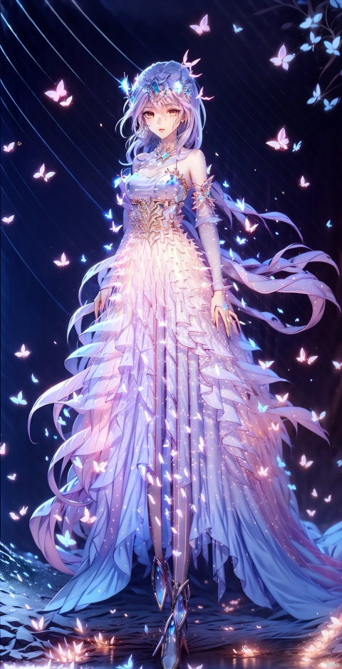 ,Waisted DRESS,blue butterfly,starry sky,short dress,short dress, ,1girl, solo, long hair, ,, gauze skirt, dress studded with sparkling diamonds, charming smile, crystal heart, high heels,long legs,The dress was studded with small pearls, xuer hologram Laser dress, twt
